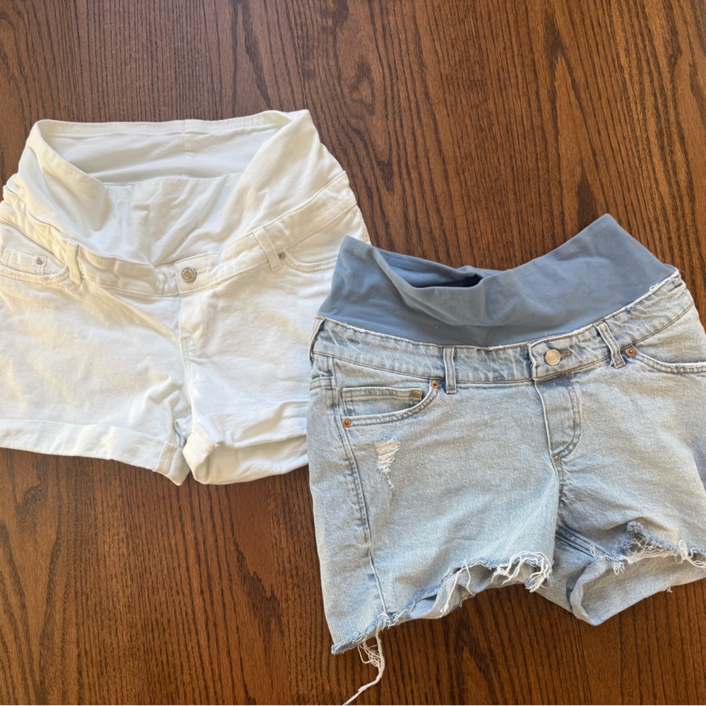 H&M White and Light Blue Maternity Jean Shorts